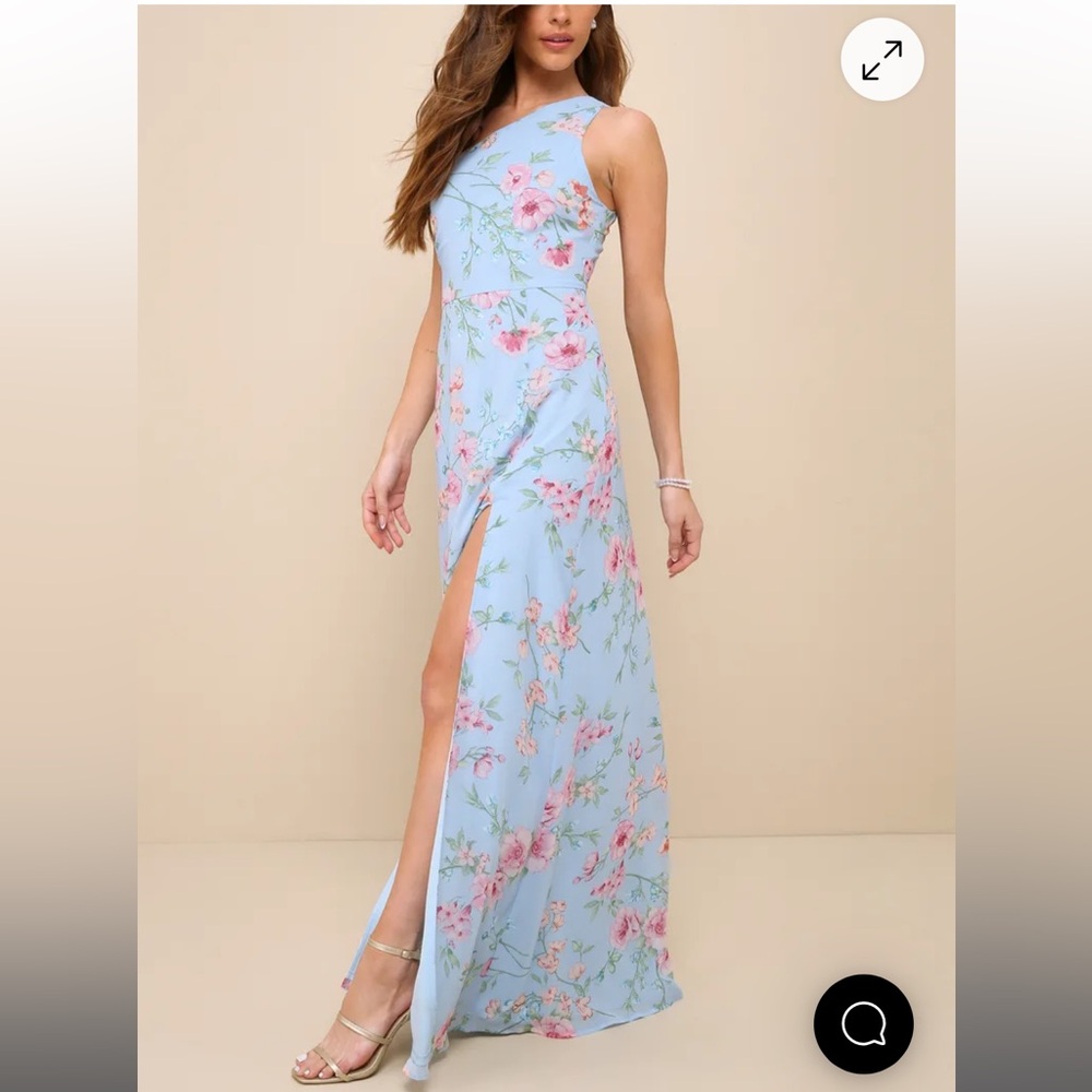 Lulus Elegant Admiration Light Blue Floral One-Shoulder Maxi Dress - Picture 2 of 6